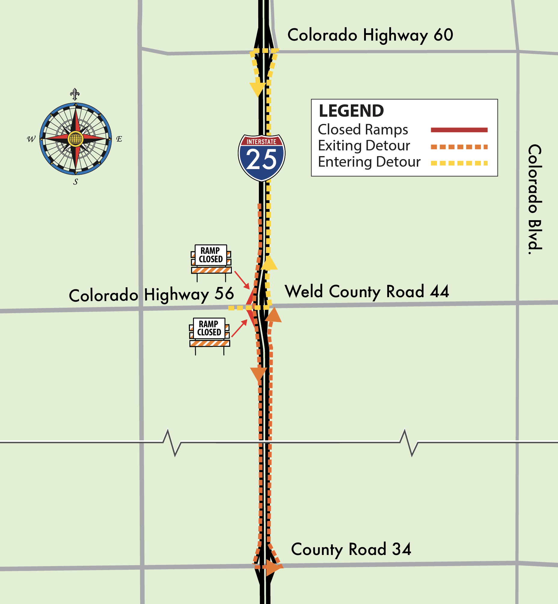 I25 detour map from Weld County Road 44 to CO 60 — Colorado Department